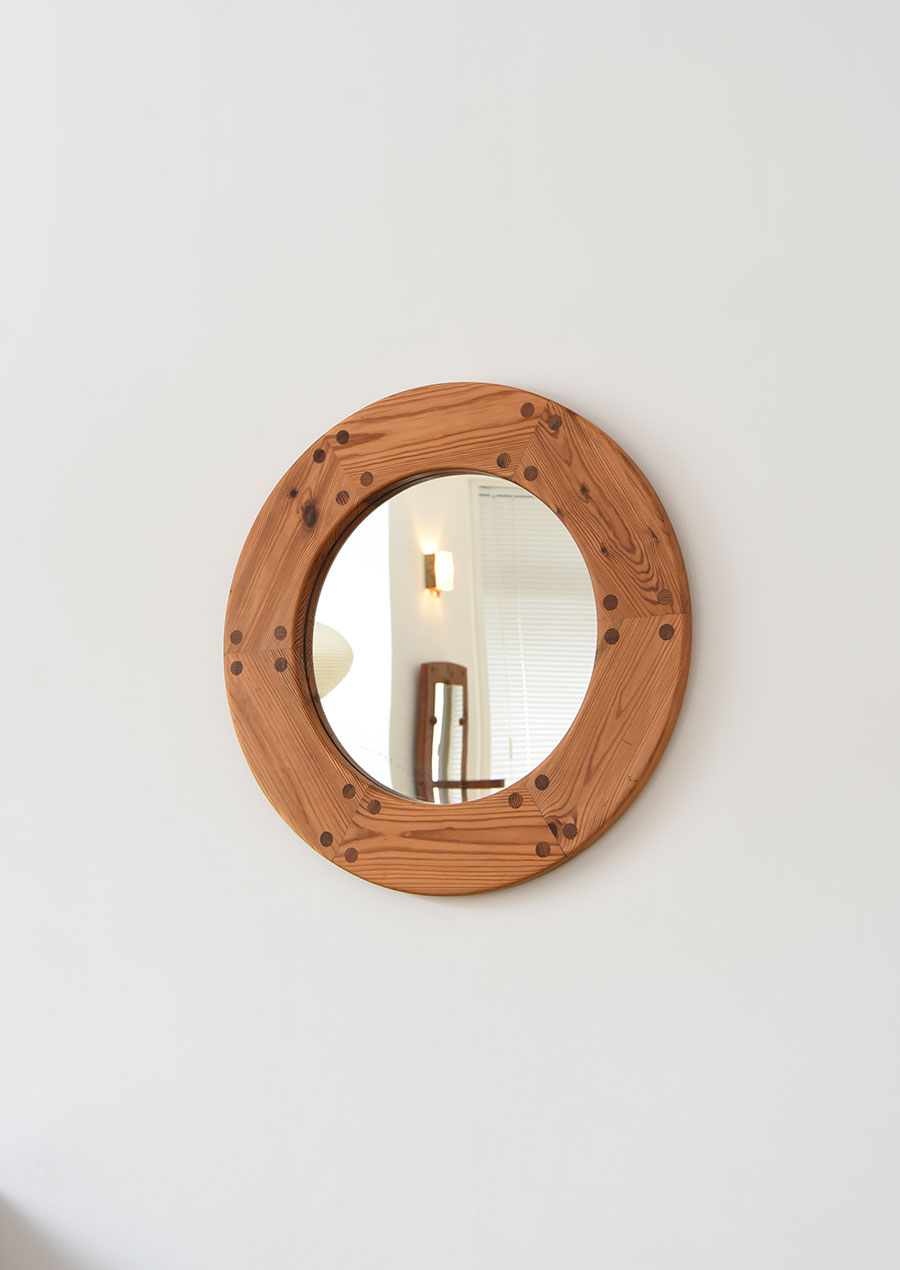スウェーデン製 パイン材のヴィンテージミラー 丸鏡