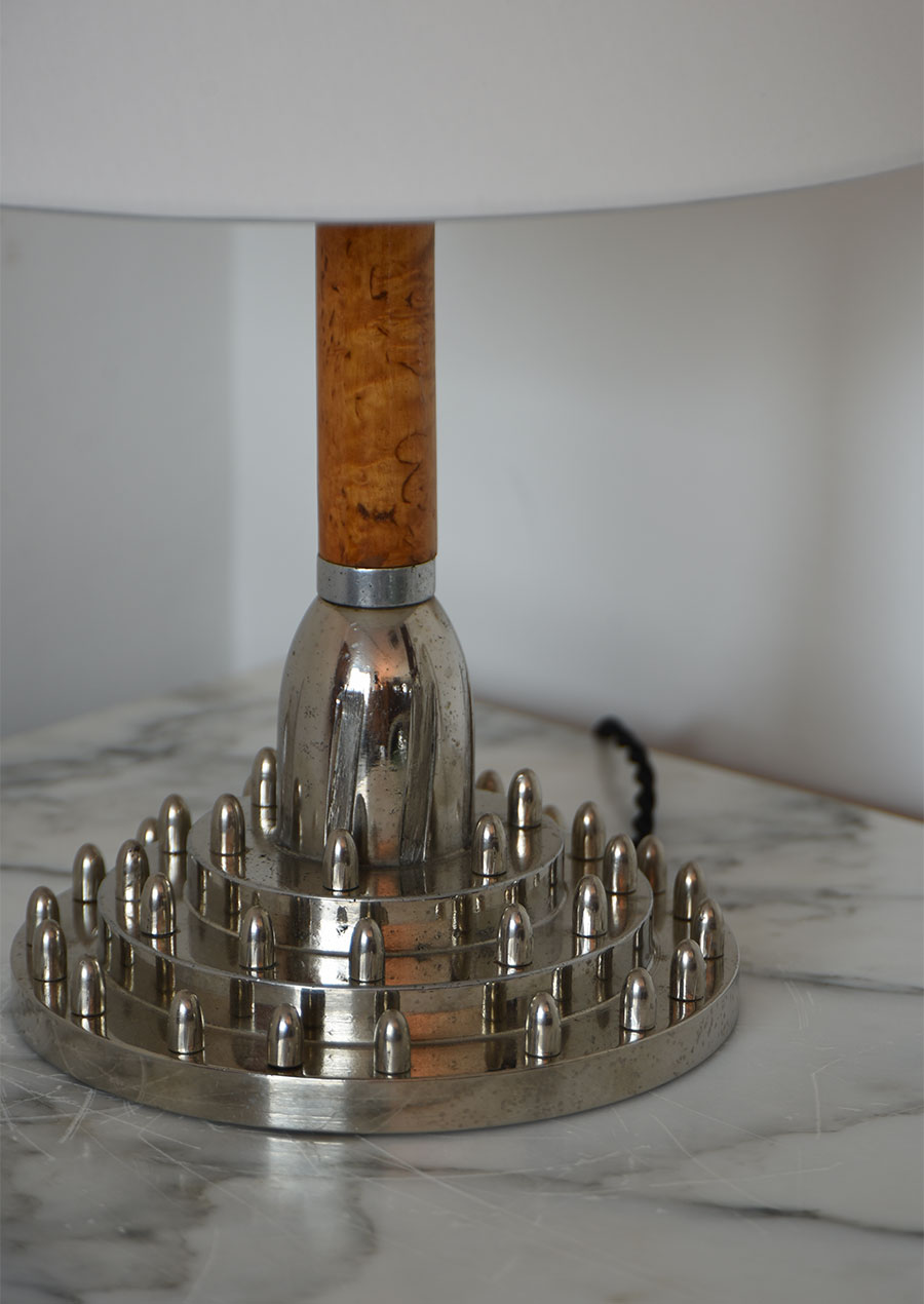 Chromed Studs & Curly Birch Table Lamp 1950s