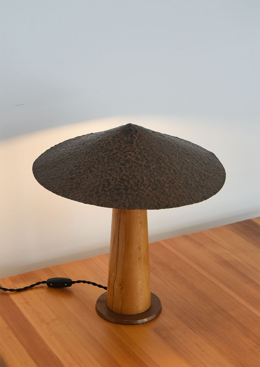 Table Lamp in Beech and Copper Shade 1970s