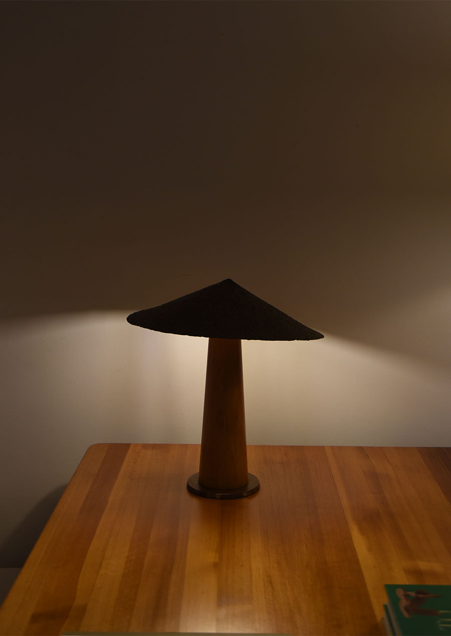 Table Lamp in Beech and Copper Shade 1970s