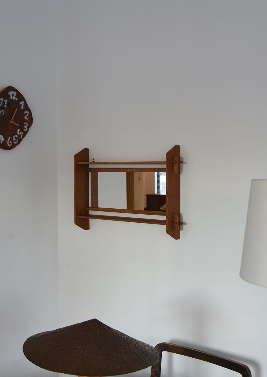 Wall Mirror with Shelf in Oak 1960s 壁付け棚