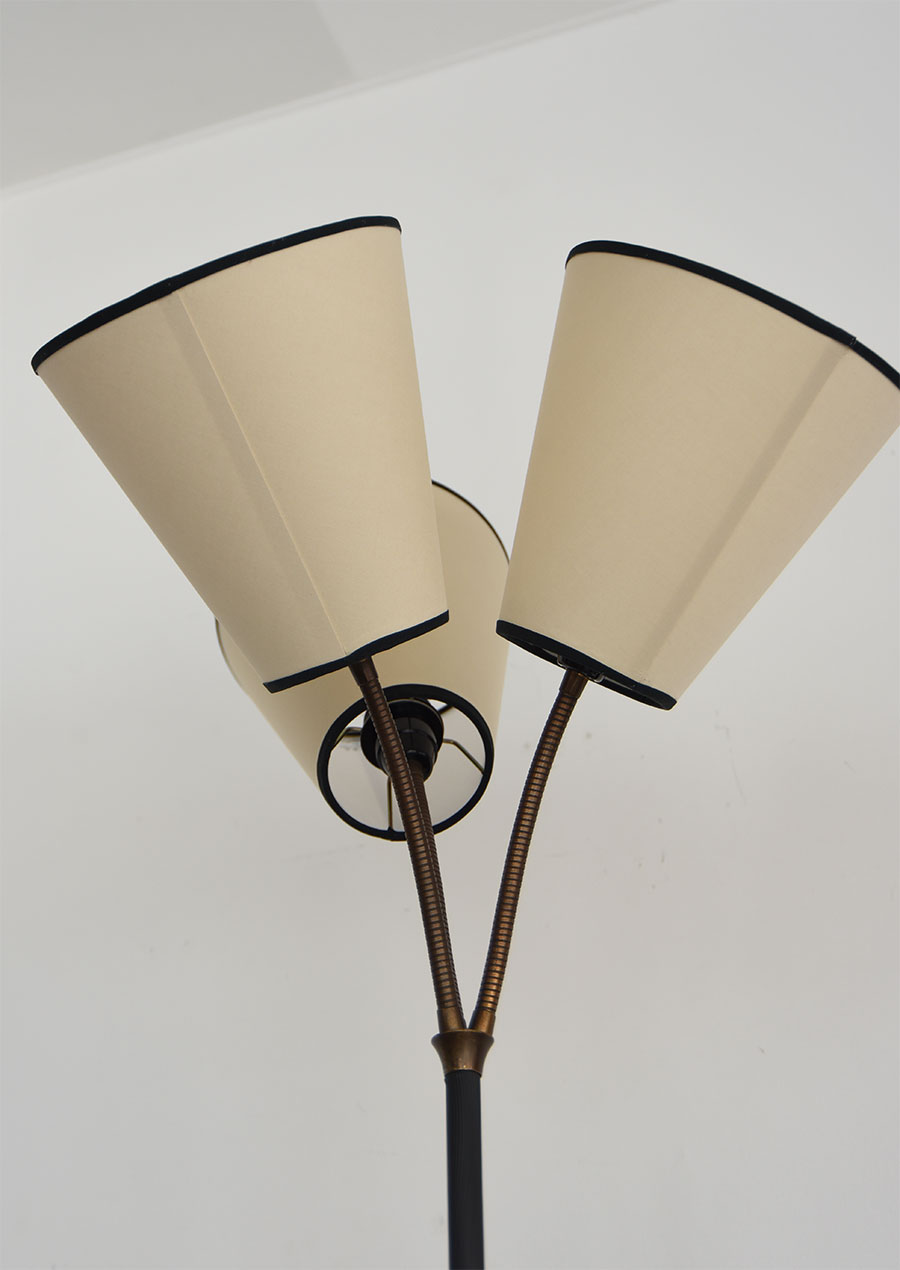 3-Lights Floor Lamp in Brass and Iron 1940s